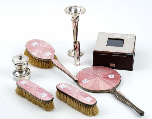 A group of silver and silver mounted wares, comprising; a square hinge lidded trinket box, with a central glazed photograph aperture, a trumpet shaped