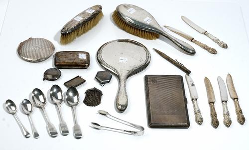 A group of silver and silver mounted wares, comprising; a rectangular cigarette case, Birmingham 1942, a small rectangular cigarette case, a postage s