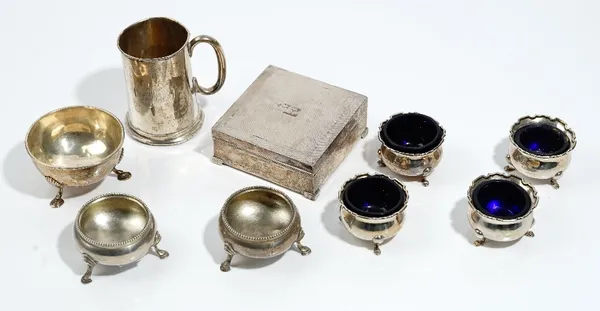 Silver and silver mounted wares, comprising; a pair of Victorian circular salts each raised on three feet London 1871, a set of four salts each raised