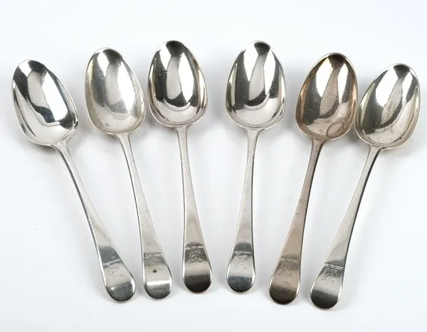 Six silver bottom marked Hanoverian pattern table spoons probably second half of the 18th century, each engraved with a bull's head crest, variation o