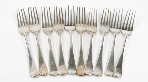 Ten silver Old English pattern table forks comprising five London 1813, four London 1805 and one London 1818, combined weight 636gms (10).