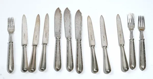 Silver flatware, comprising; three pairs of fish knives and forks Sheffield 1924 and a set of six tea or dessert knives Sheffield 1961, combined gross