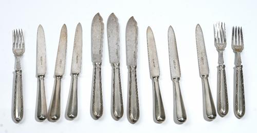 Silver flatware, comprising; three pairs of fish knives and forks Sheffield 1924 and a set of six tea or dessert knives Sheffield 1961, combined gross