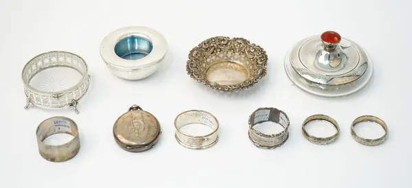 Silver and silver mounted wares, comprising; a late Victorian bonbon dish, with embossed and pierced decoration, Birmingham 1895, five napkin rings, a