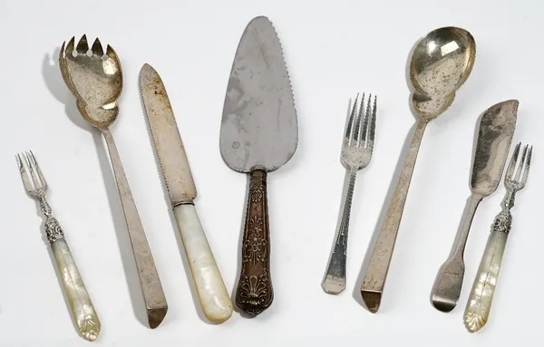 Silver and silver mounted wares, comprising; a pair of salad servers Birmingham 1922, a cake knife with a mother of pearl handle Sheffield 1928, two f