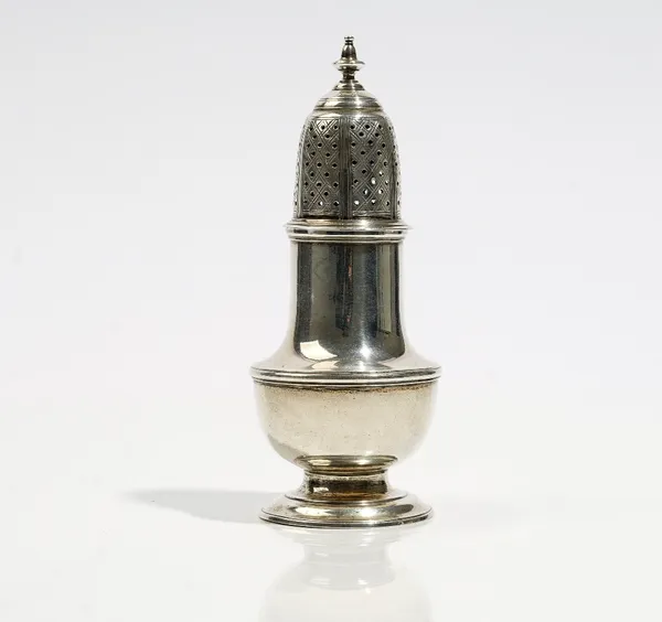A George II silver baluster shaped sugar caster, height 13.5cm, London 1751, maker probably Samuel Wood, weight 116 gms.