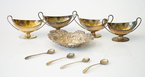 Silver, comprising; a set of four George III twin handled salts, each of oval form, raised on an oval foot, all London 1791, four bead edged Old Engli