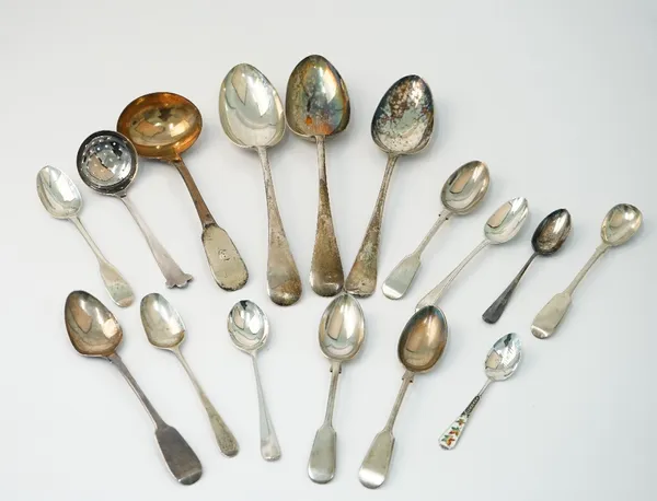 Silver flatware, comprising; a bottom marked tablespoon, maker Hester Bateman, London 1778, a pair of Old English pattern tablespoons, a fiddle patter