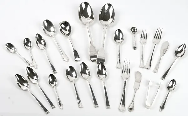 A group of silver table flatware, comprising; two fiddle pattern tablespoons, a set of six grapefruit spoons, Sheffield 1952, four matching coffee spo
