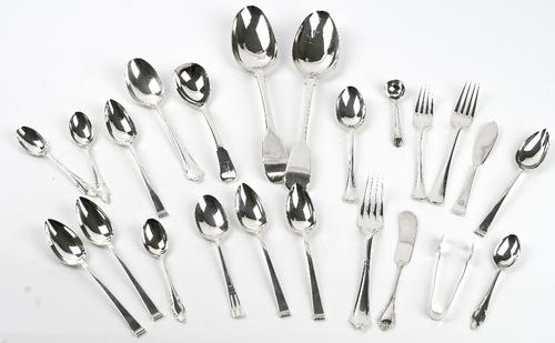 A group of silver table flatware, comprising; two fiddle pattern tablespoons, a set of six grapefruit spoons, Sheffield 1952, four matching coffee spo