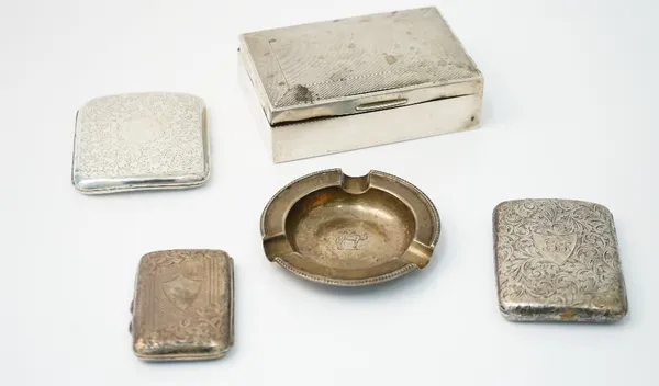 Silver and silver mounted wares, comprising; three rectangular cigarette cases, a circular ashtray and a rectangular table cigarette box, wooden lined