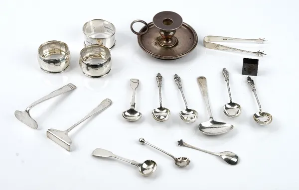 Silver, comprising; four apostle coffee spoons with spiral stems to the handles, Birmingham 1896, two fiddle pattern salt spoons, two further condimen