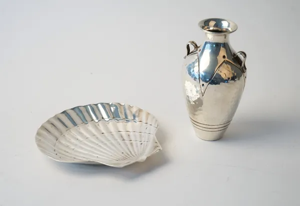 A Tiffany & Co Sterling silver dish, modelled as a scallop shell, width 15.5cm and a Greek twin handled vase, of amphora form, detailed 925, height 14