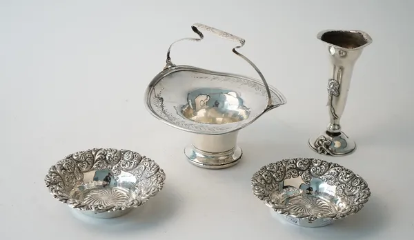 A group of American Sterling wares, comprising; a basket engraved with sprays and fitted with a swingover handle (loaded), a pair of bonbon dishes, em