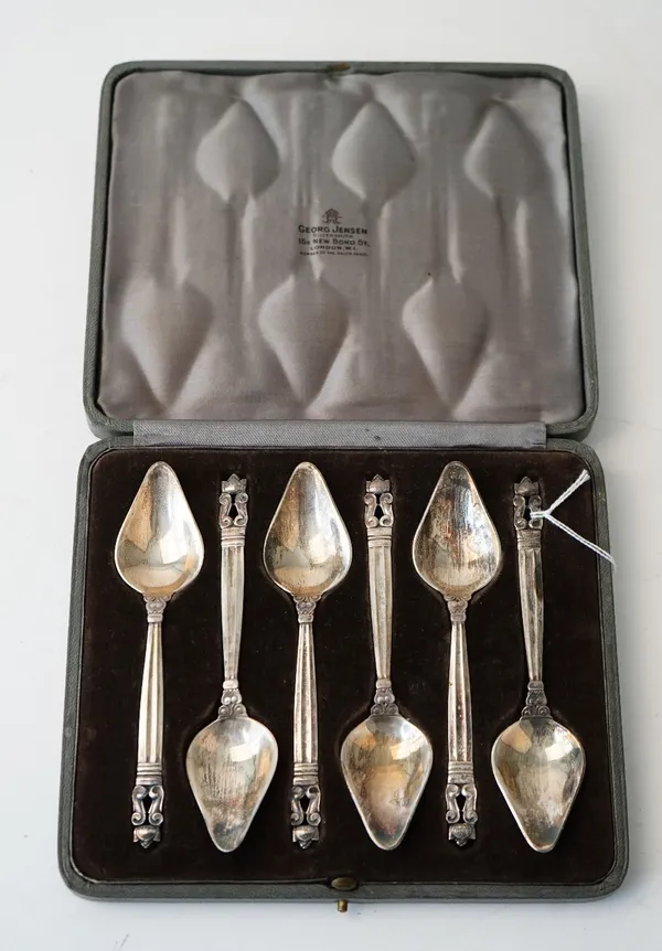 A Georg Jensen Sterling silver set of six grapefruit spoons, in the acorn pattern, with pointed bowls, London 1936, length of spoon 14.7cm, combined w