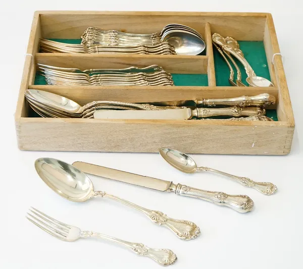 An American Sterling part table service, comprising; six tablespoons, twelve dessert forks, six table forks, six dessert spoons and six teaspoons, dif