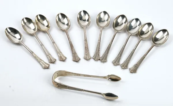 Ten Victorian silver Albany pattern teaspoons with a matching Victorian pair of Albany pattern sugar tongs all London 1887, combined weight 393gms (11