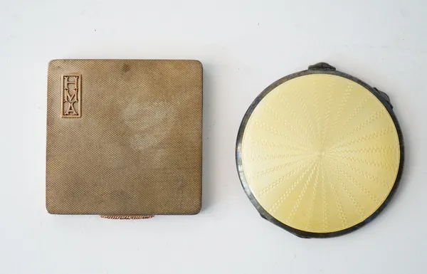 A lady's silver and yellow enamelled circular powder compact, fitted with a mirror within, Birmingham 1938 and a lady's silver square powder compact,