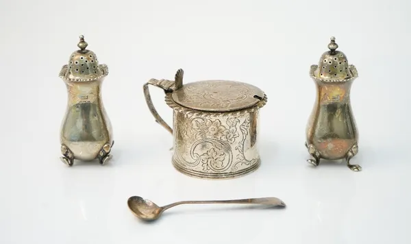 Silver, comprising; a Victorian mustard pot, of cylindrical form with a gadrooned rim, the hinged lid and the sides with floral, foliate and scroll en