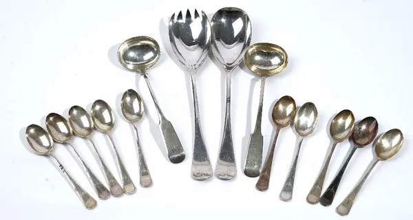 Silver table flatware, comprising; a pair of Scottish fiddle pattern toddy ladles, Edinburgh 1837, a pair of Old English pattern salad servers, Sheffi