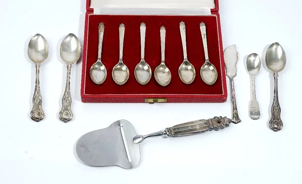 Silver and silver mounted wares, comprising; three Victorian King's pattern teaspoons, London 1860, an Irish fiddle pattern mustard spoon, a set of si