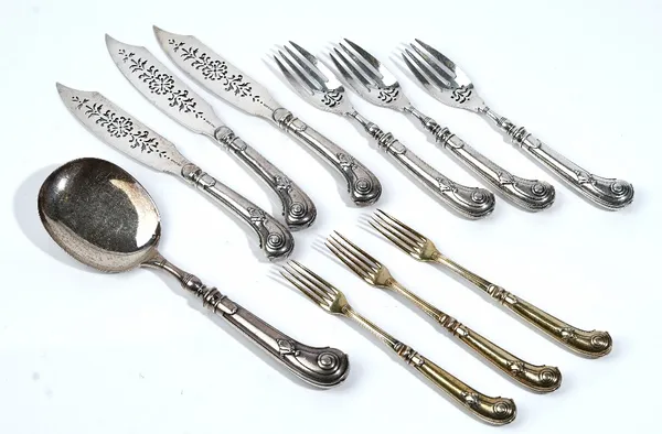 A French serving knife, detailed Cardeilhac, eight pairs of French fish knives and forks, detailed Cardeilhac, a serving spoon and nine French silver