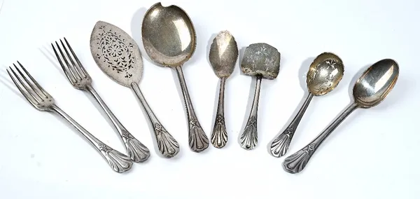 A French part table service, comprising; twenty-one table forks, six tablespoons, a serving slice with pierced decoration, detailed Cardeilhac and fou