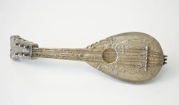 A European model of a mandolin, decorated with figures in a landscape in the Dutch taste, the hinged top with a scent compartment, length 19cm, weight