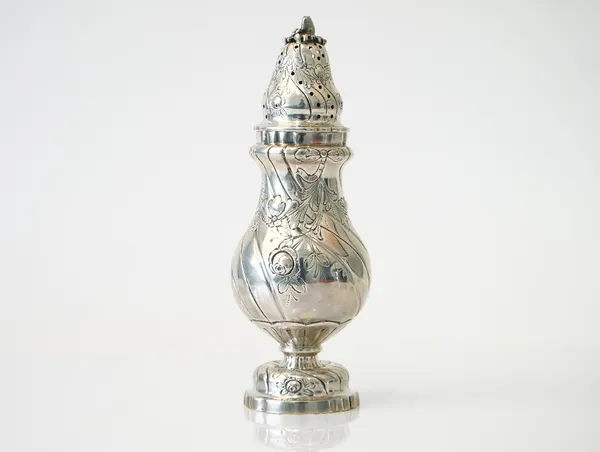 A European sugar caster, of baluster form with floral and spiral decoration, detailed 830, height 20cm, weight 212 gms.