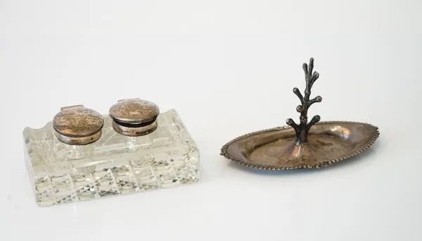 A silver mounted rectangular glass twin compartment inkstand, having a hobnail cut underside, Birmingham 1907 and a silver ring tree/oval trinket dish