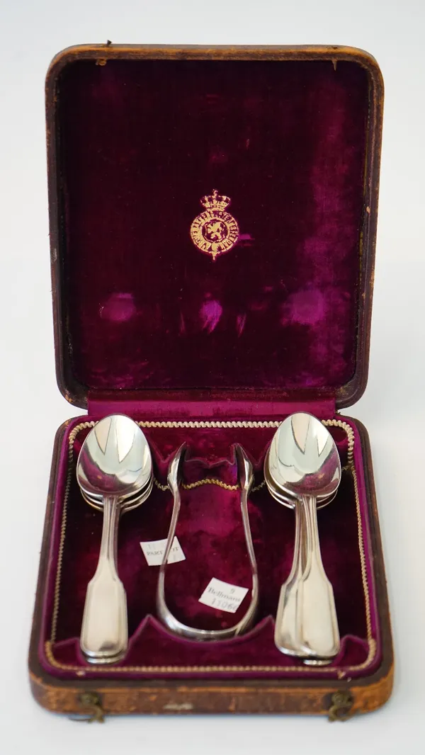 A set of six European fiddle and thread pattern large teaspoons and a matching pair of sugar tongs, armorial engraved, combined weight 306 gms, with a