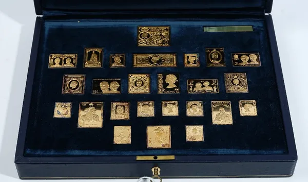 A set of twenty-five silver gilt replica postage stamp ingots, detailed Treasures from The Royal Collection, with a certificate, coloured chart and fi