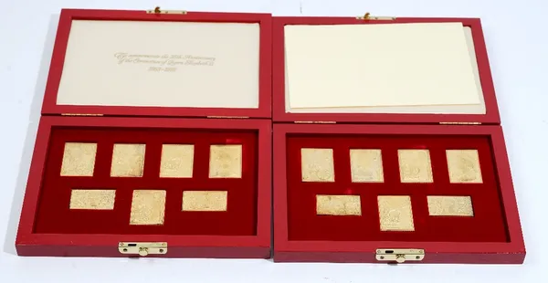 Two sets of seven silver gilt replica stamp ingots, commemorating The 25th Anniversary of The Coronation of Queen Elizabeth II, with explanatory cards