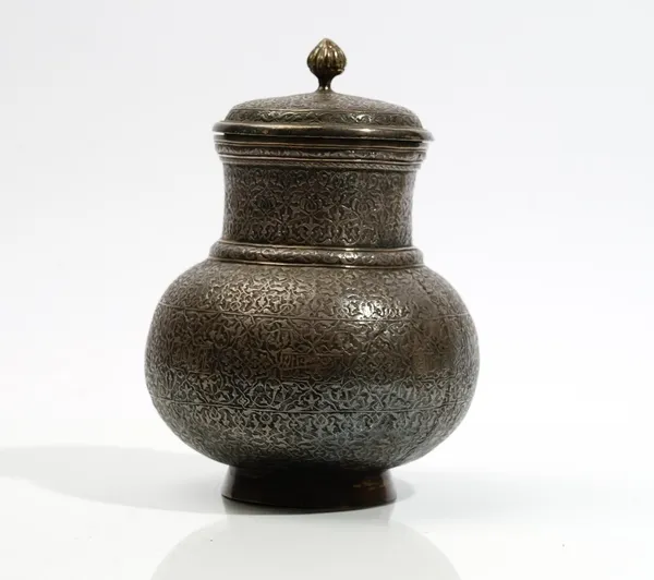 An Elkington Victorian silver plated vase and cover, of baluster form, with Islamic style decoration, a finial to the detachable lid, detailed indisti