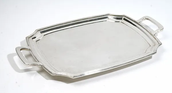 A European twin handled tray of shaped rectangular form, having stippled decoration and with plain handles, detailed 800 Silver, length 51.5cm, weight