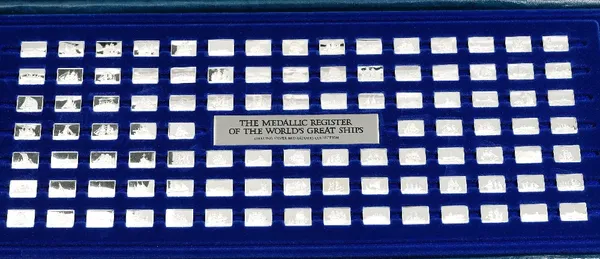 A set of one hundred silver miniature rectangular ingots, detailed The Medallic Register of The World's Greatest Ships, combined weight 200 gms, displ