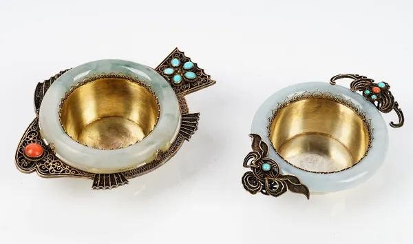 An Asian silver gilt mounted jade, coral and turquoise trinket dish designed as a filigree fish having a coral eye and turquoise set tail, detailed si