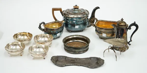 A Regency style electroplate three piece tea service, rounded oblong, on bun feet, a George IV style entree dish, with hot water heater base, liner, s