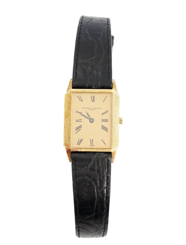 A Vacheron & Constantin, Geneve gold rectangular cased gentleman's wristwatch, the signed brushed gilt dial with black Roman numerals and with blued s