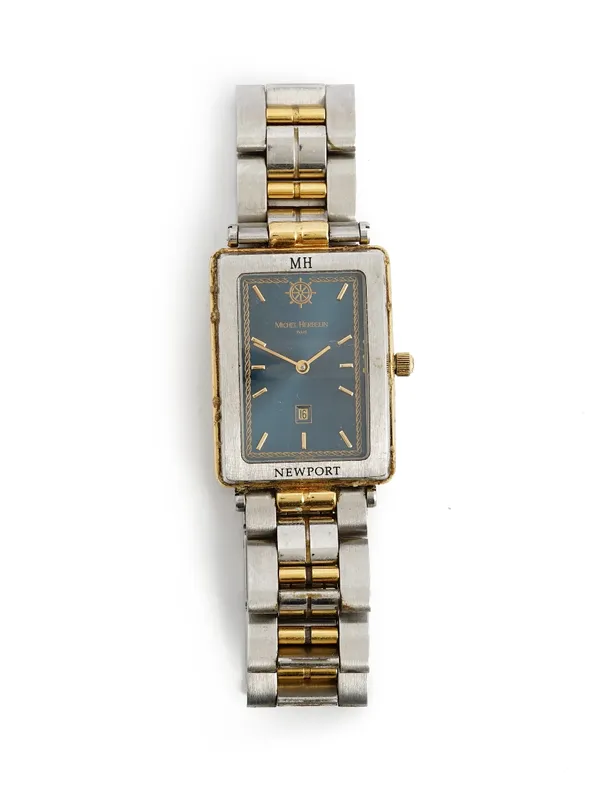 A Michel Herbelin, Paris steel and gilt curved rectangular cased gentleman's wristwatch, the signed dark blue dial with gilt baton numerals and date o