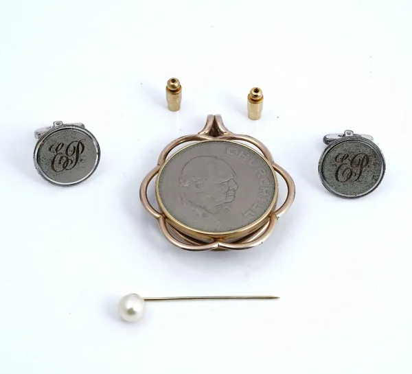 A gold stick pin mounted with a cultured pearl, two brass pin fittings, a pair of silver cufflinks, the circular fronts monogram engraved and a 9ct go