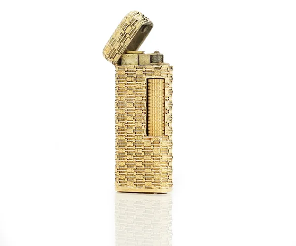 A two colour gold mounted curved rectangular cased gas lighter, the exterior with wirework and cast textured decoration, detailed 750.