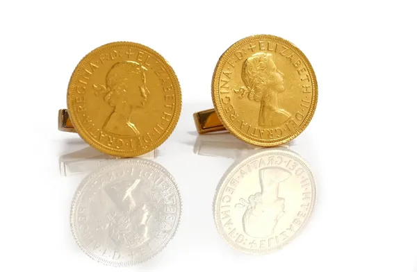 Two Elizabeth II sovereigns, both 1966, mounted as a pair of cufflinks by Kutchinsky Limited, the 18ct gold mounts London 1975 and 1976, combined gros