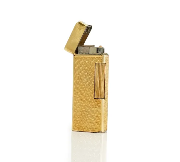 A gold rectangular cased gas lighter, the exterior engine turned and detailed 18 K Italy.