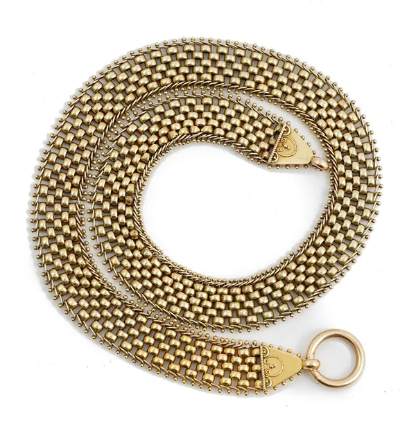 A late 19th/early 20 the century yellow precious metal collar necklace of mesh design, suspended from a bolt ring clasp, with wirework detailing to ea