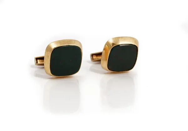 A pair of 9ct gold mounted bloodstone cufflinks, each with a curved square front and with a folding bar fitting at the back, having a textured finish,