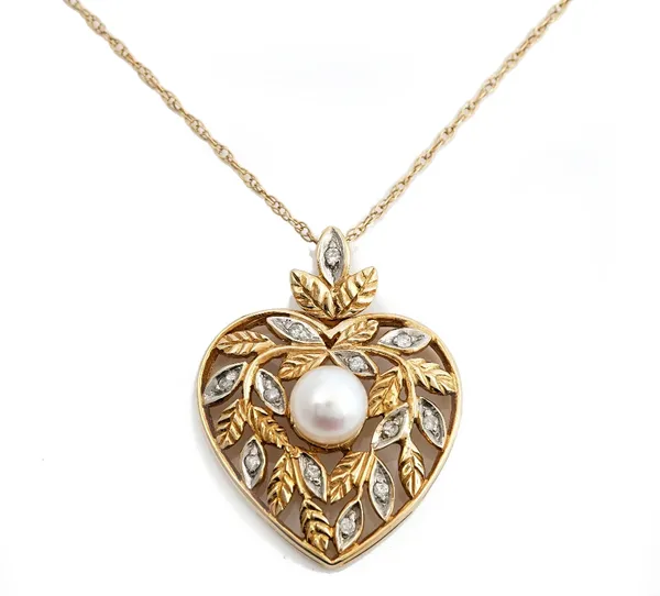 A 9ct gold, diamond and cultured pearl pendant, in a heart shaped design, with foliate motifs mounted with circular cut diamonds on a gold neckchain w