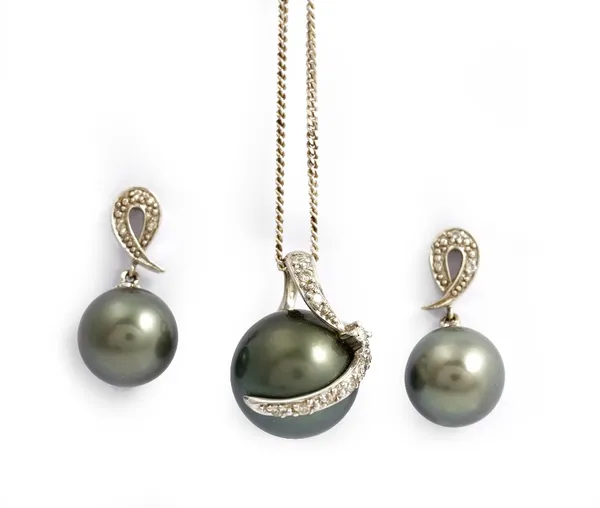 A 9ct white gold, grey tinted Tahitian cultured pearl and diamond set pendant, in an abstract design, with a silver neckchain, on a boltring clasp and