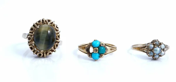 A Victorian gold, turquoise and rose diamond cluster ring (one turquoise lacking), apparently unmarked, ring size K and a half, gross weight 2.8 gms,