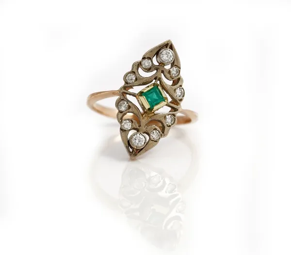 A Russian gold, synthetic emerald and diamond ring, mounted with a square cut synthetic emerald to the centre, otherwise in a pierced marquise shaped